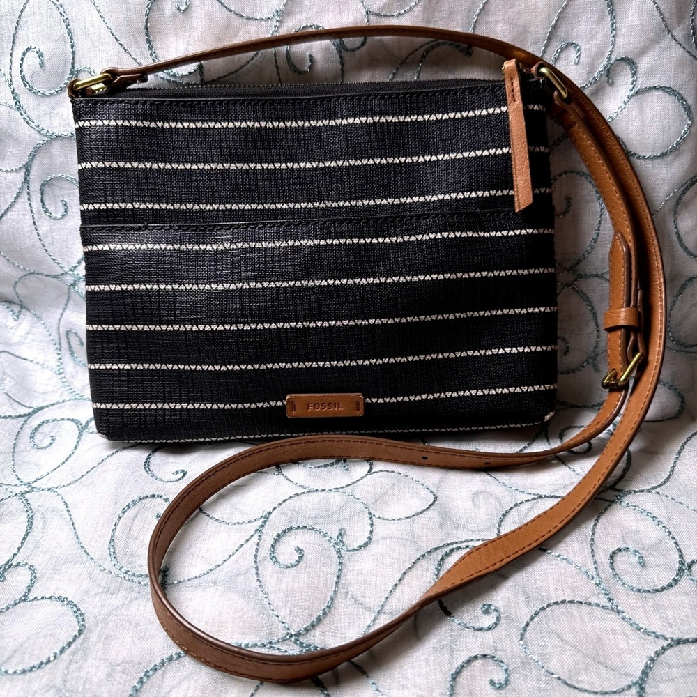 Fossil‎ Black Heart Stripe Crossbody Purse Canvas Brown Leather Trim Bag